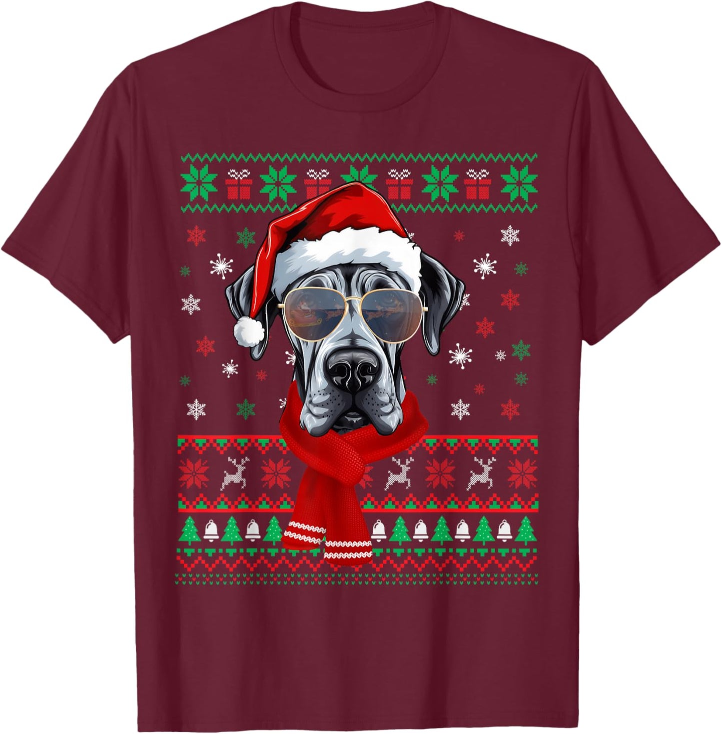 Funny Ugly Sweater Xmas Family Matching Great Dane Christmas T-Shirt - T-Shirt | Maroon