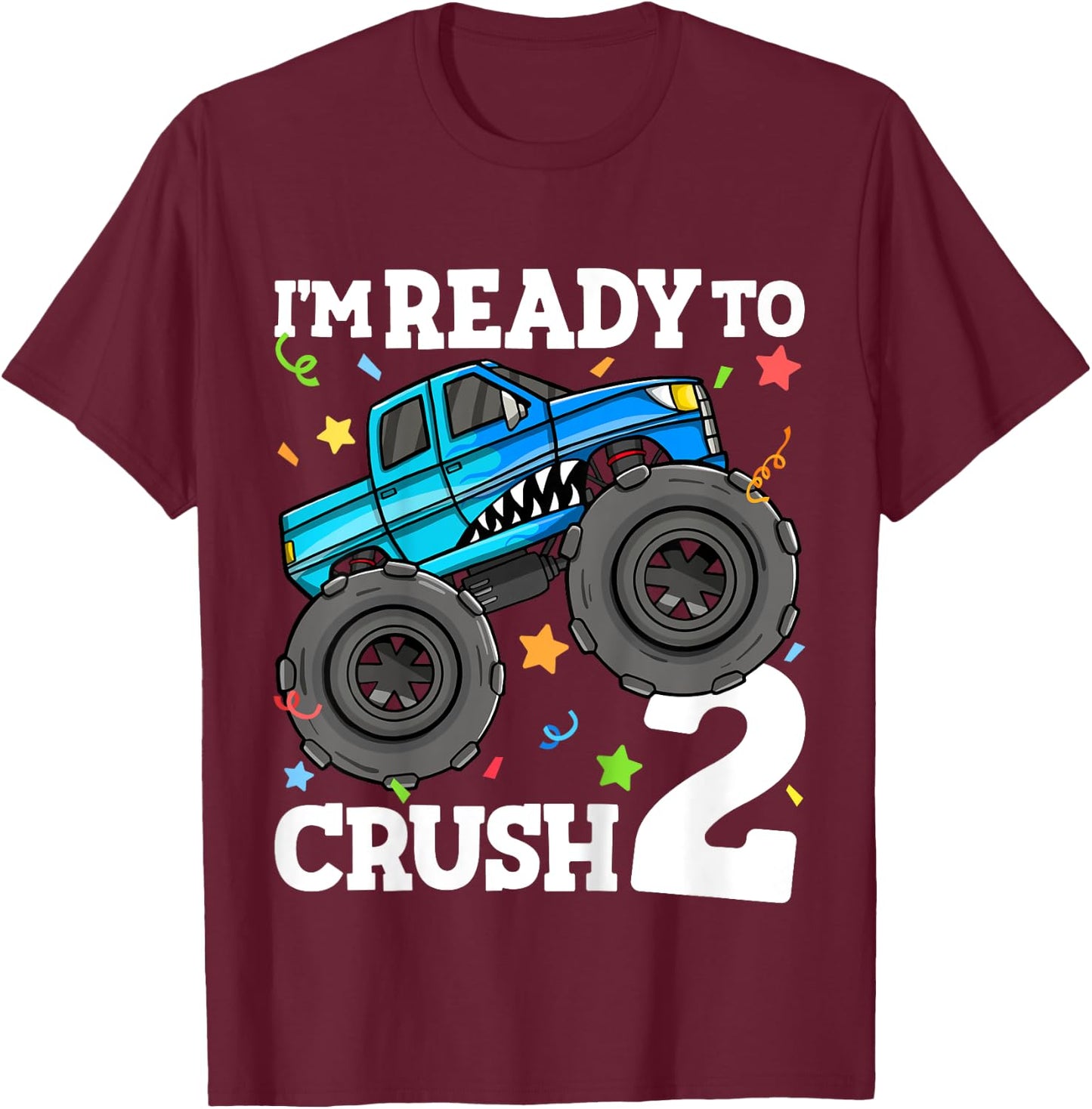 Kids Monster Truck Shark 2nd Birthday Boy Toddler 2 Two Year Old T-Shirt - T-Shirt | Maroon