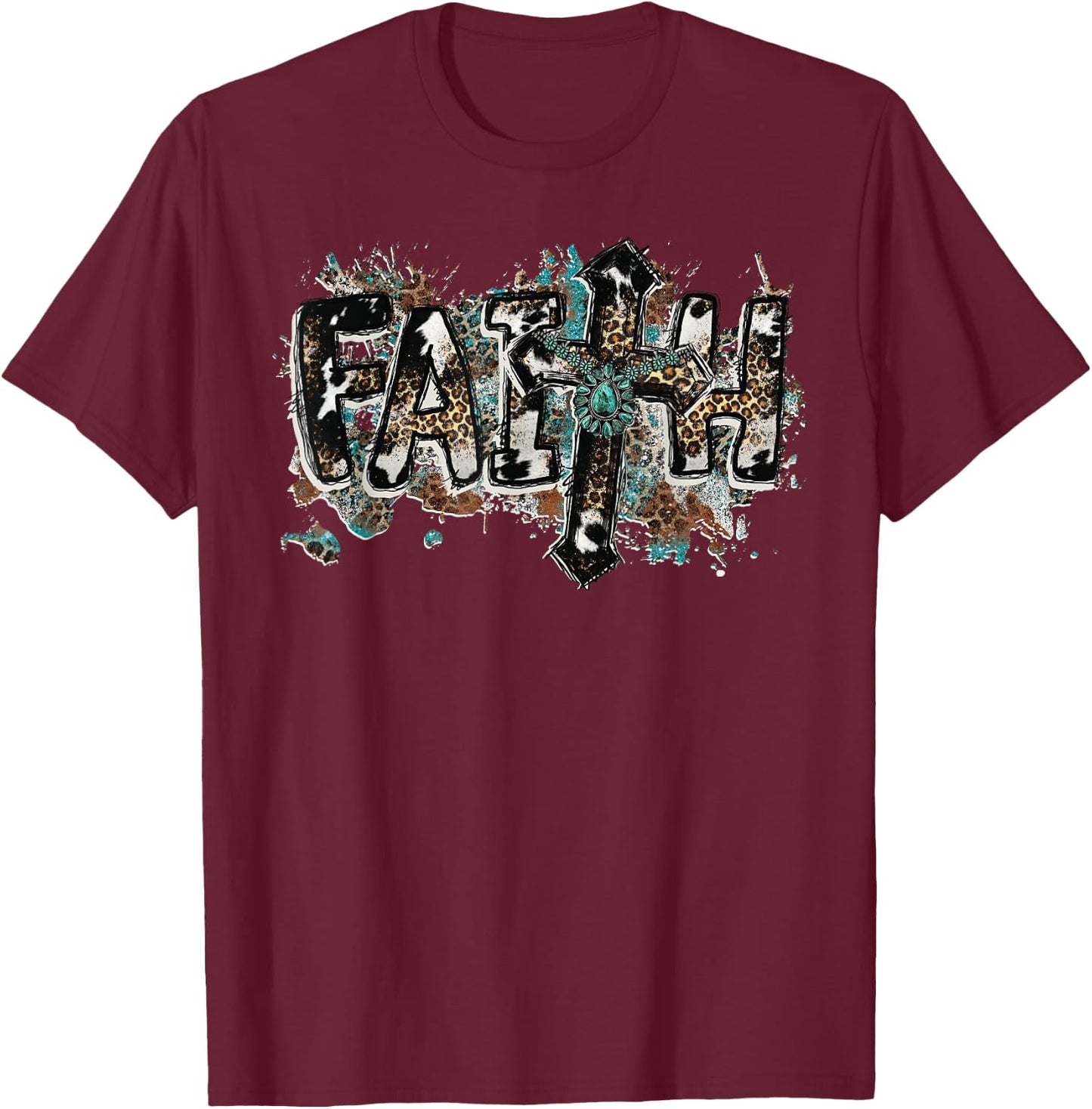 Grunge Faith T Christian Turquoise Leopard Faith Cross Jesus T-Shirt - T-Shirt | Maroon