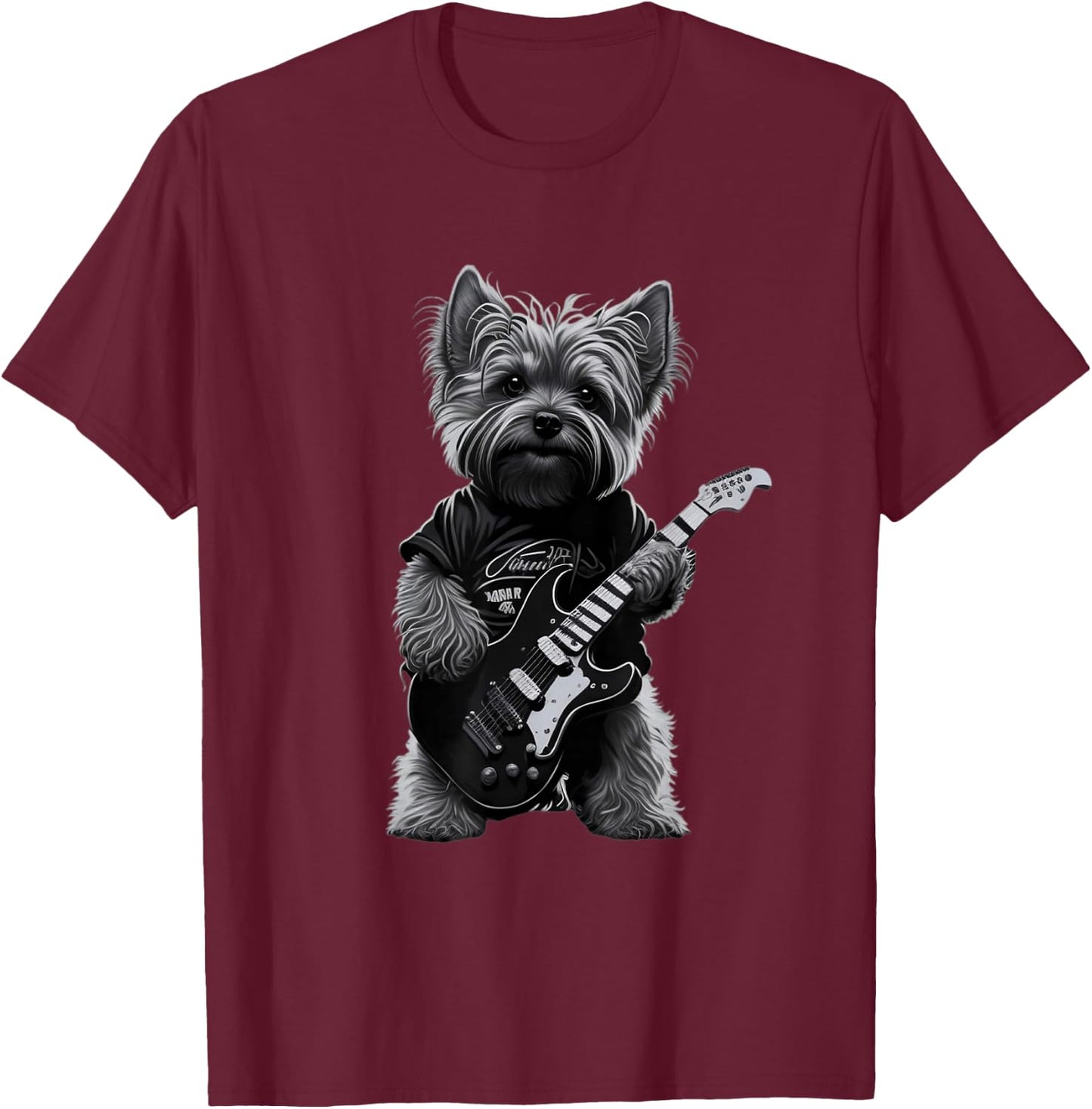 Funny Rock Dog Guitarist Rock Yorkie Playing Guitar T-Shirt - T-Shirt | Maroon