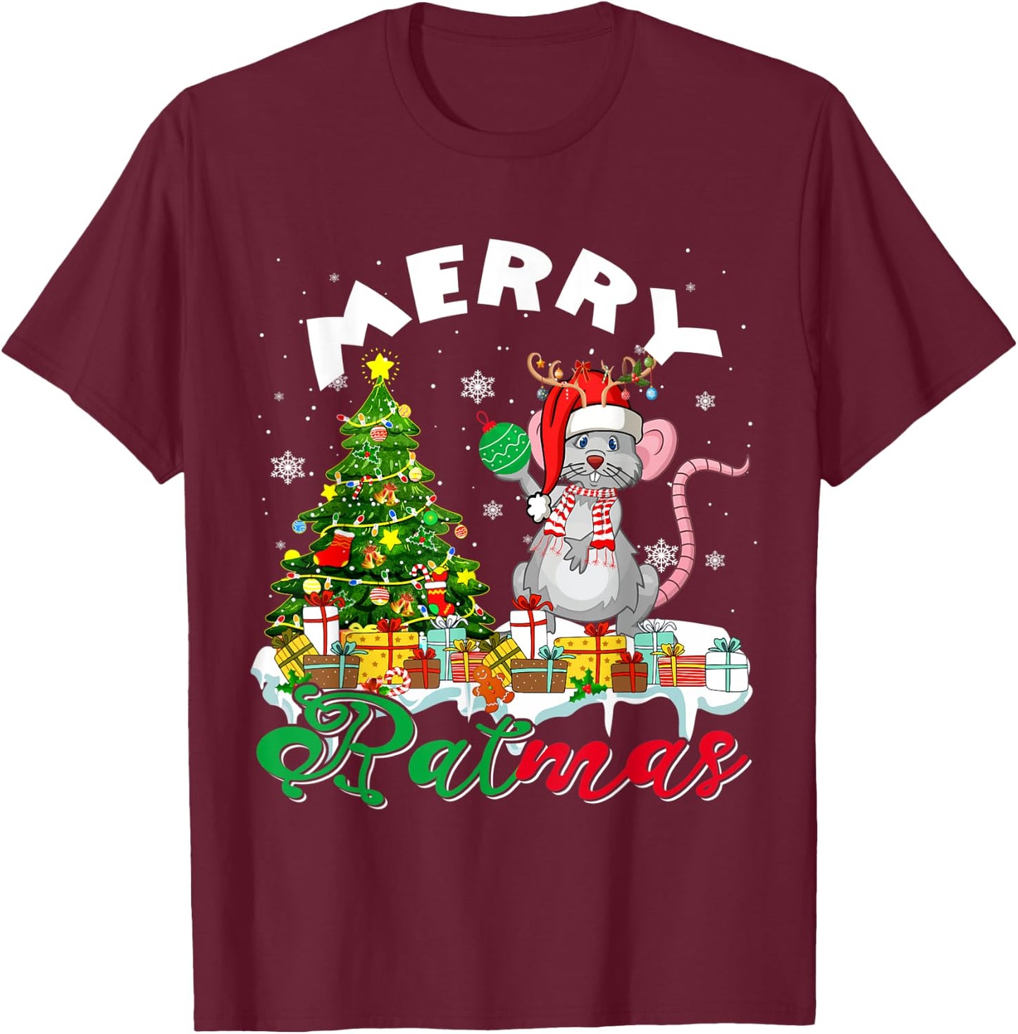 Merry Xmas Santa Reindeer Rat Sitting With Xmas Presents T-Shirt - T-Shirt | Maroon