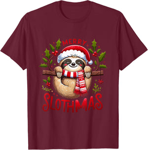 Merry Slothmas Cute Sloth Christmas Pajamas Women Girl Kids T-Shirt - T-Shirt | Maroon