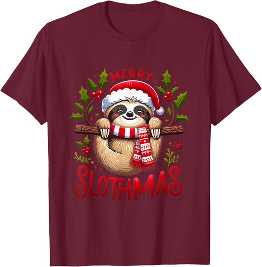 Merry Slothmas Cute Sloth Christmas Pajamas Women Girl Kids T-Shirt - T-Shirt | Maroon