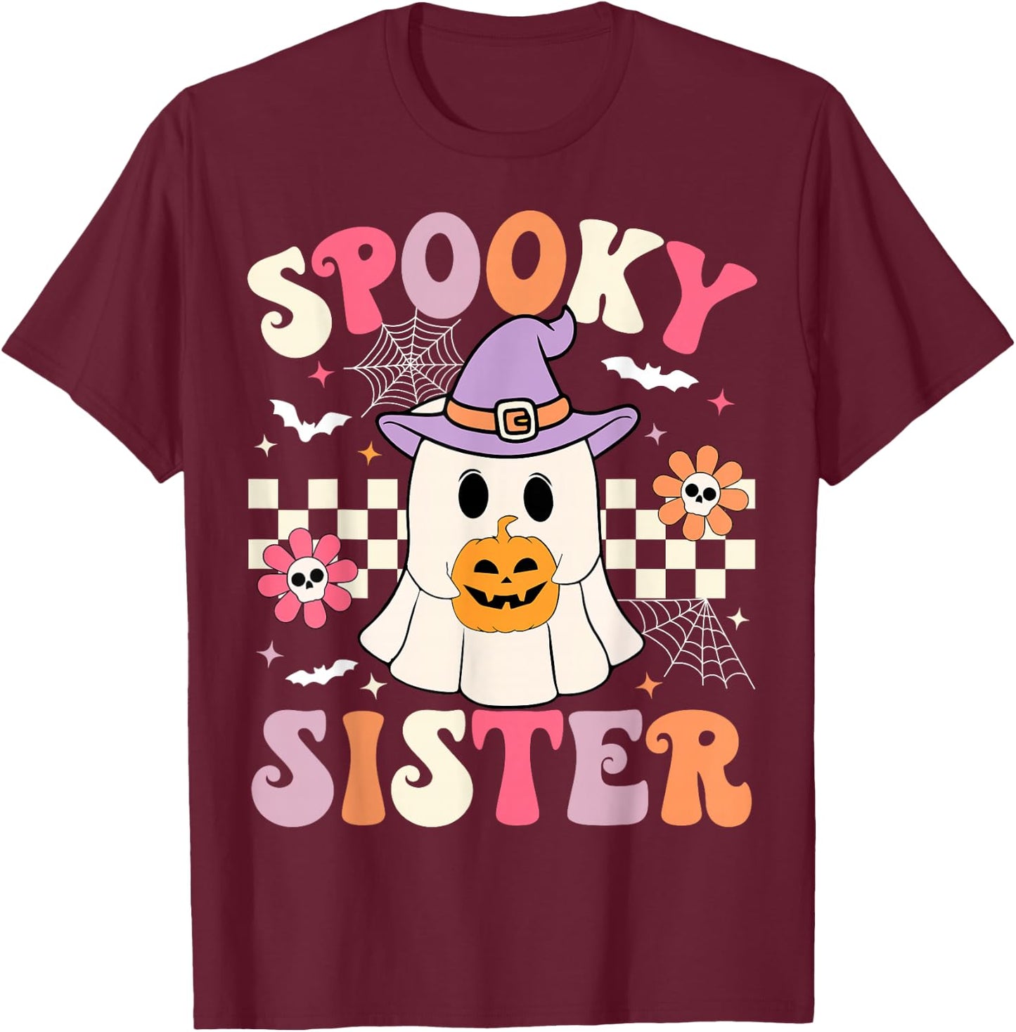 Groovy Spooky Sister Retro Ghost Holding Pumpkin Halloween T-Shirt - T-Shirt | Maroon