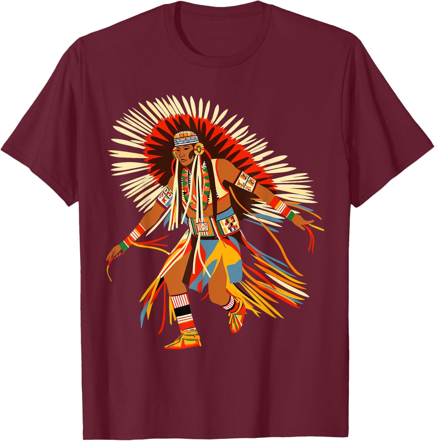 Powwow Dancer Native American Indian Traditional Art Style T-Shirt - T-Shirt | Maroon