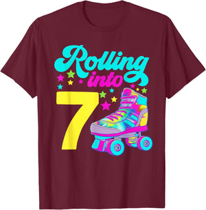 Rolling into 7 Girls 7th Birthday Roller Skates T-Shirt - T-Shirt | Maroon