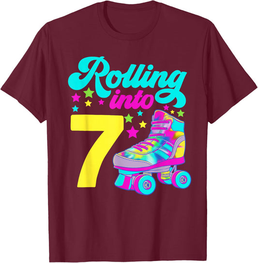 Rolling into 7 Girls 7th Birthday Roller Skates T-Shirt - T-Shirt | Maroon