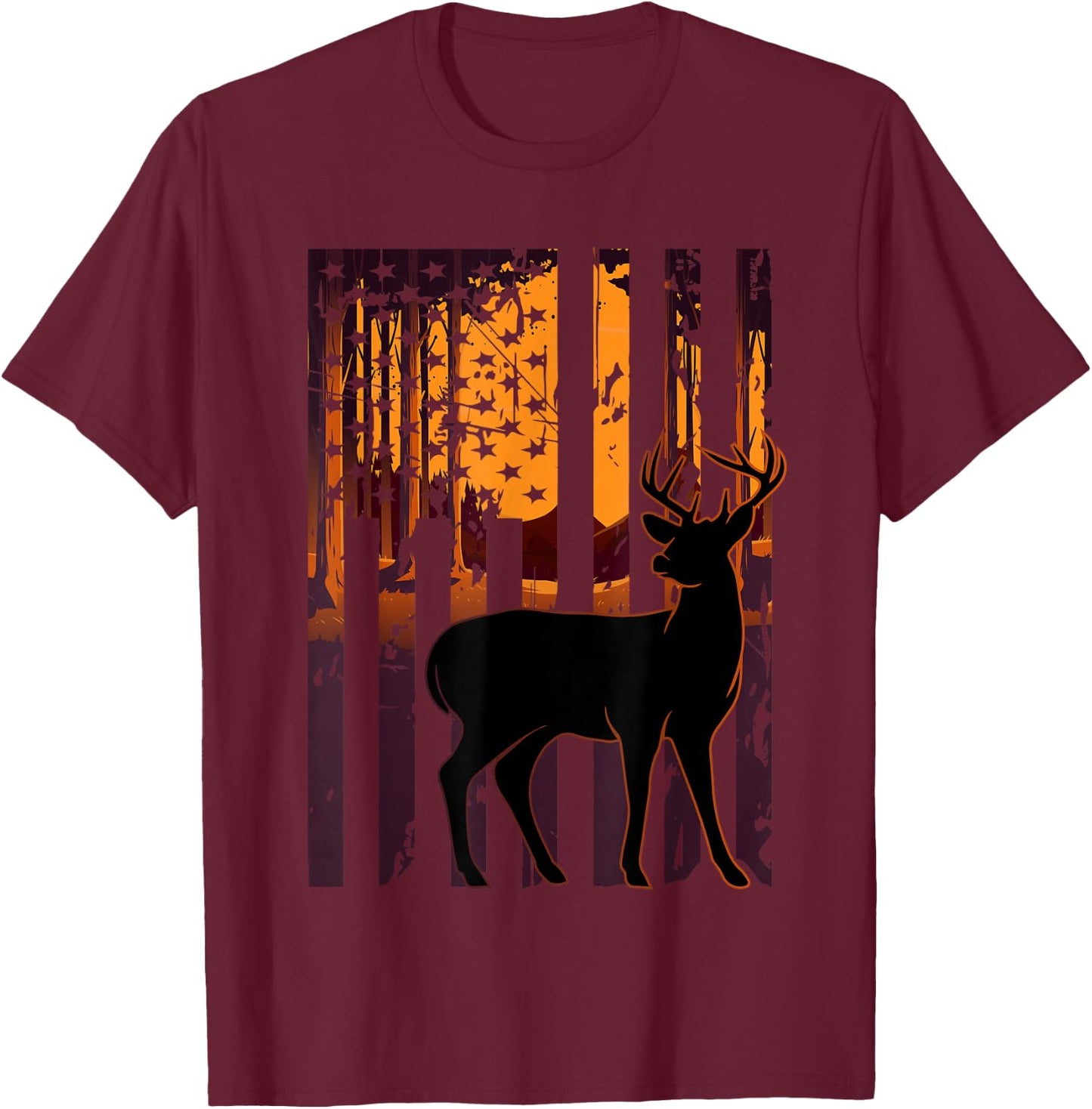 USA Flag Deer Hunting Setting Sun Funny Bow Hunters Outfit T-Shirt - T-Shirt | Maroon