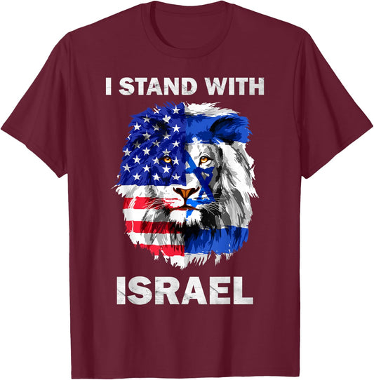 Israel and USA Flag Lion | I Stand with Israel T-Shirt - T-Shirt | Maroon