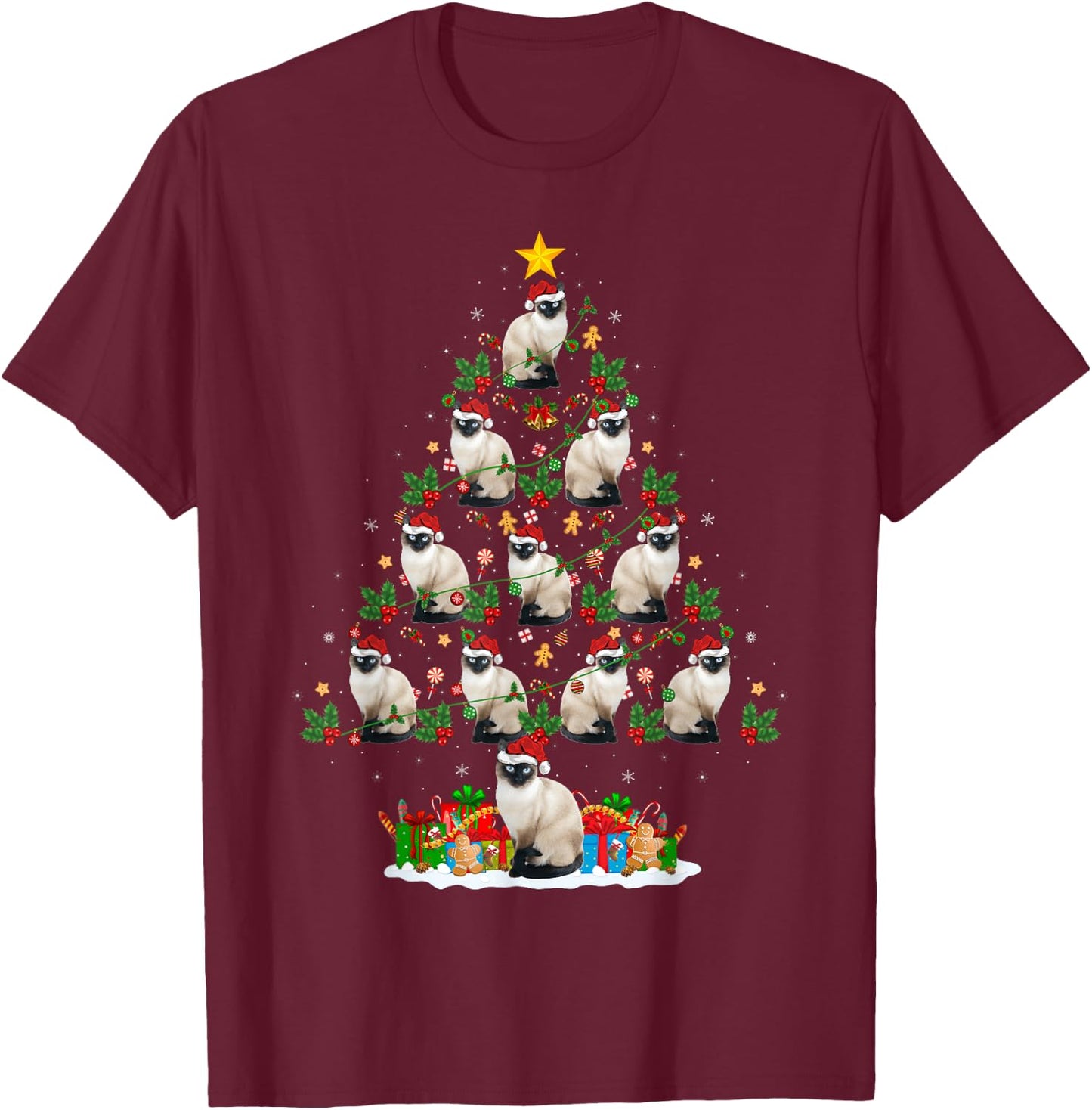 Lighting Xmas Holiday Santa Balinese Cat Christmas Tree Women Kids T-Shirt - T-Shirt | Maroon