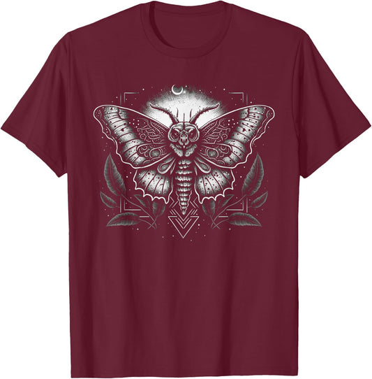 Moth Moon Geometry Heterocera Folkloric Wiccan Nature Goth T-Shirt - T-Shirt | Maroon