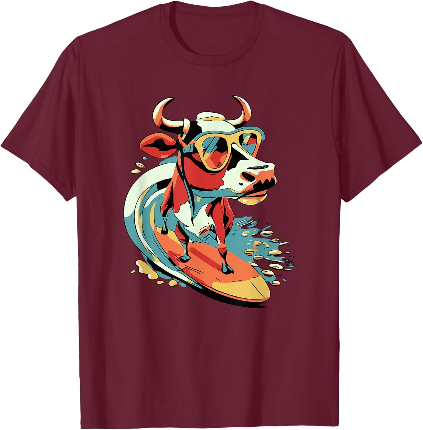 Surfing Cow Catching a Wave Farmer Surfer Surf Time T-Shirt - T-Shirt | Maroon