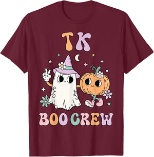 TK Boo Crew Retro Groovy Halloween Floral Ghost TK Teacher Men Women Kids T-Shirt - T-Shirt | Maroon