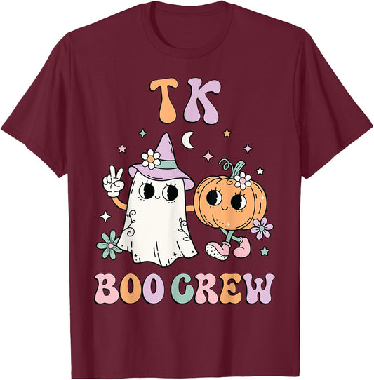 TK Boo Crew Retro Groovy Halloween Floral Ghost TK Teacher Men Women Kids T-Shirt - T-Shirt | Maroon