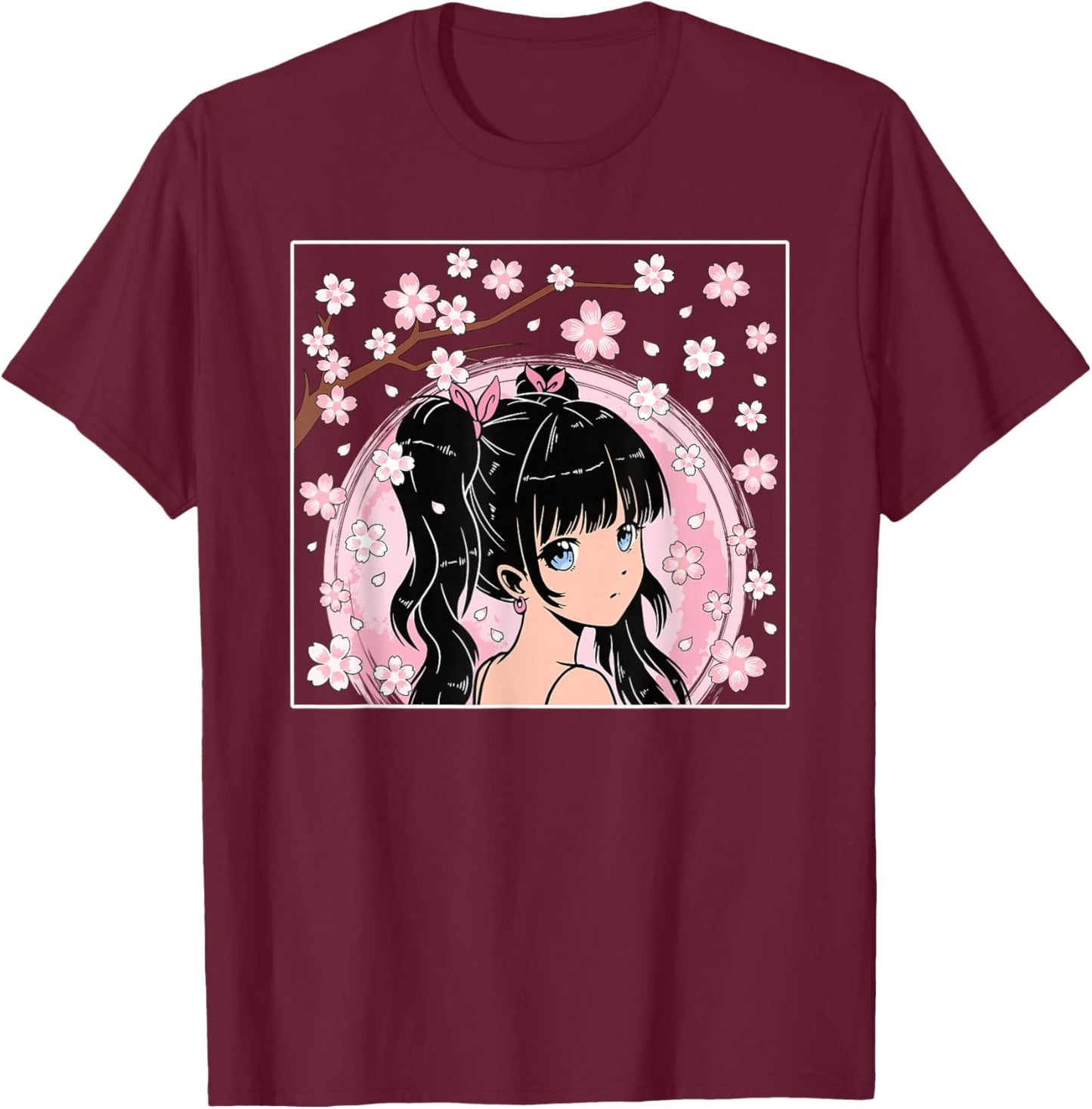 Japanese Anime Girl Manga Otaku Cherry Blossom Women Girls T-Shirt - T-Shirt | Maroon
