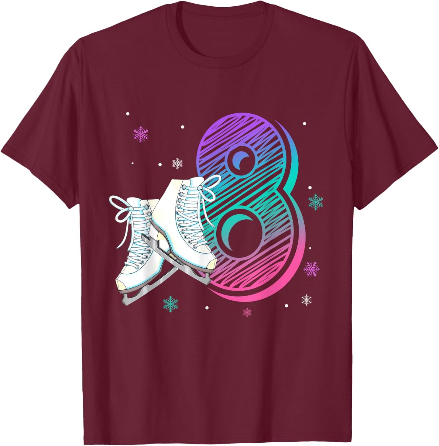 Figure Ice Skating 8 Years Old 8th Birthday Girl Theme Party T-Shirt - T-Shirt | Maroon