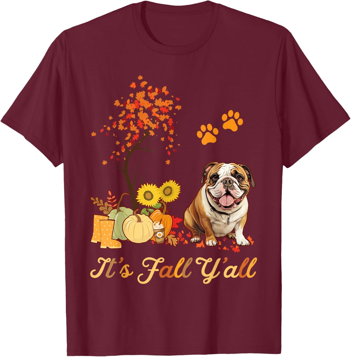 English Bulldog Fall Leaves Autumn Maple Tree Thanksgiving T-Shirt - T-Shirt | Maroon