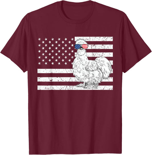Silkie Chicken 4th of July US American Flag Farm Animal T-Shirt - T-Shirt | Maroon