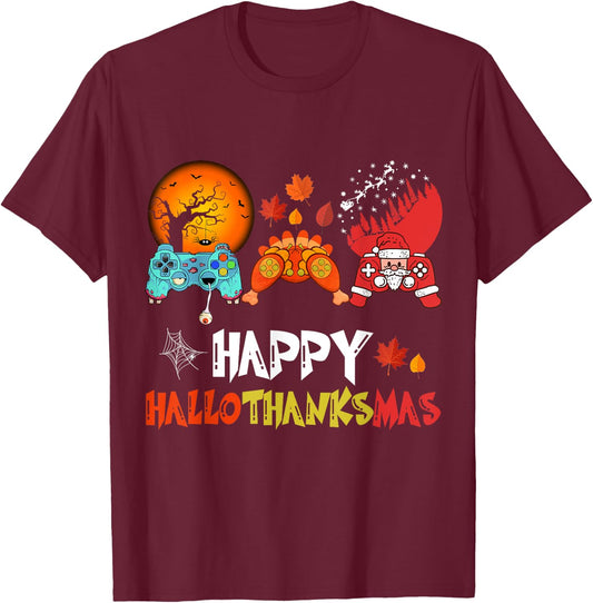 Halloween Thanksgiving Xmas Happy HalloThanksMas Video Game T-Shirt - T-Shirt | Maroon
