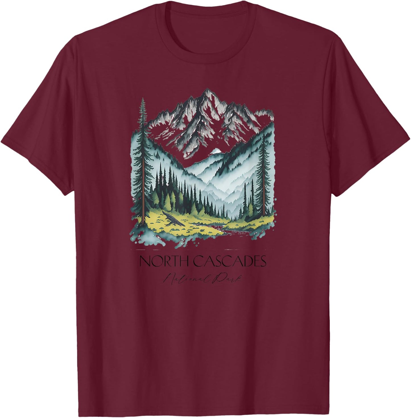 Cool North Cascades National Park Hiking Watercolor Graphic T-Shirt - T-Shirt | Maroon