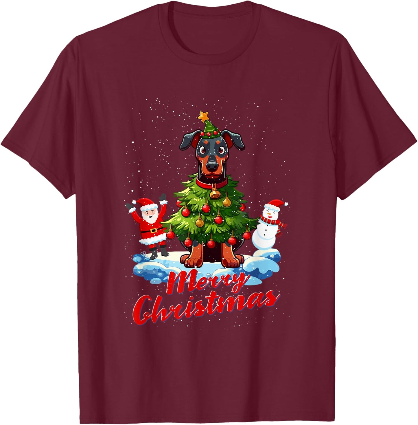Doberman Merry Christmas Tree Lights Dog X-Mas Dogs T-Shirt - T-Shirt | Maroon