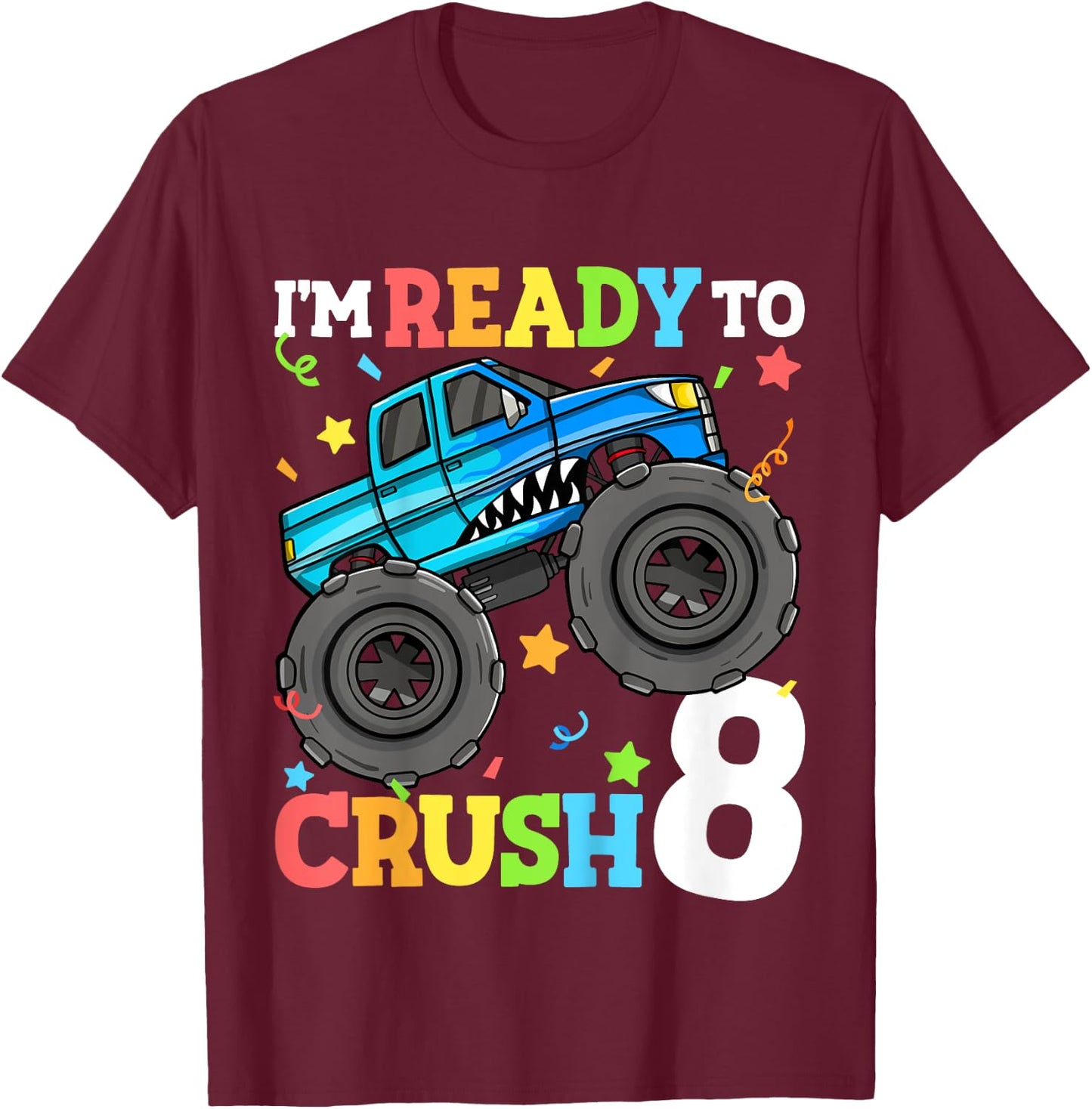Kids Monster Truck Shark 8th Birthday Boy 8 Eight Year Old T-Shirt - T-Shirt | Maroon