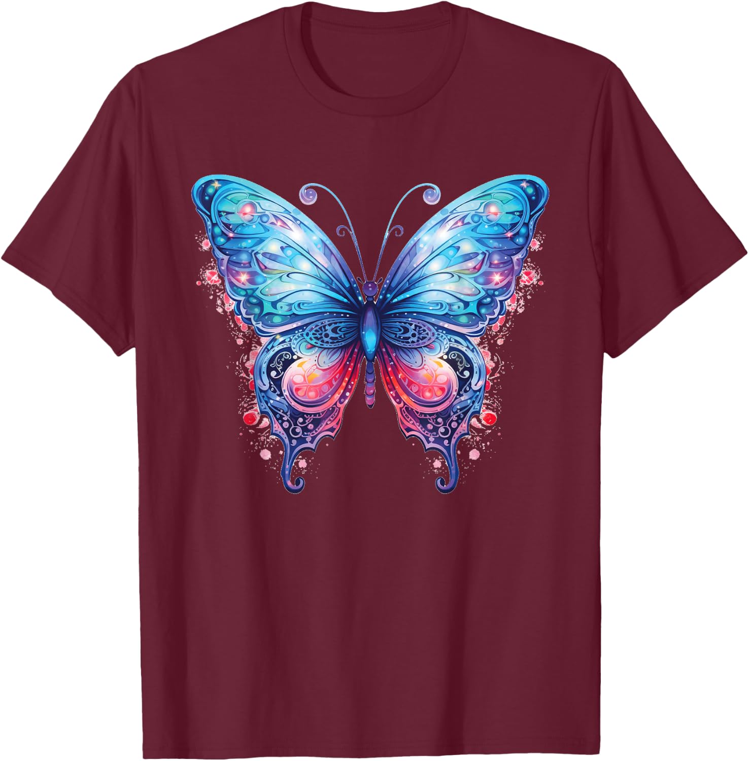 Women's Fantasy Art Blue and Pink Butterfly Cute T-Shirt - T-Shirt | Maroon