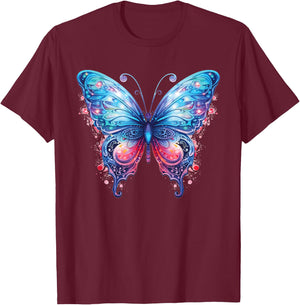 Women's Fantasy Art Blue and Pink Butterfly Cute T-Shirt - T-Shirt | Maroon