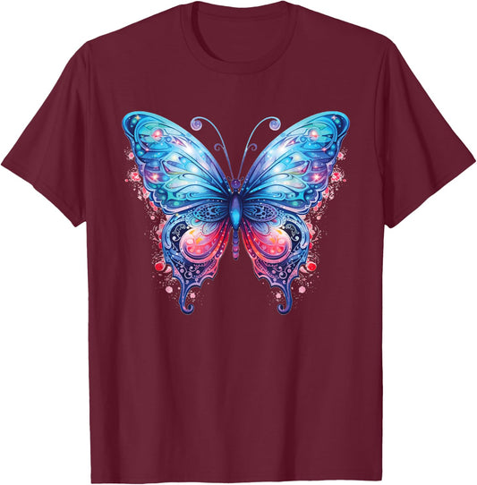 Women's Fantasy Art Blue and Pink Butterfly Cute T-Shirt - T-Shirt | Maroon