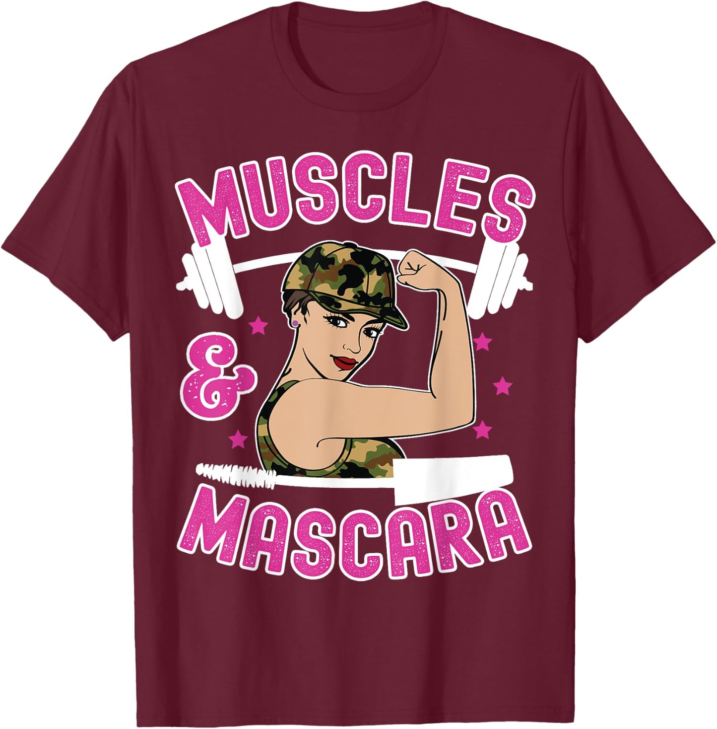 Muscles and Mascara Female Weight Lifter Gym Work Out Funny T-Shirt - T-Shirt | Maroon