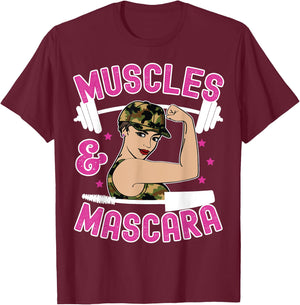Muscles and Mascara Female Weight Lifter Gym Work Out Funny T-Shirt - T-Shirt | Maroon