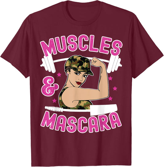 Muscles and Mascara Female Weight Lifter Gym Work Out Funny T-Shirt - T-Shirt | Maroon