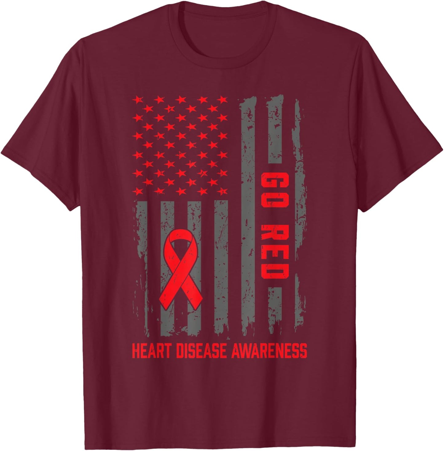 Heart Disease American Flag Go Red Heart Disease Awareness T-Shirt - T-Shirt | Maroon