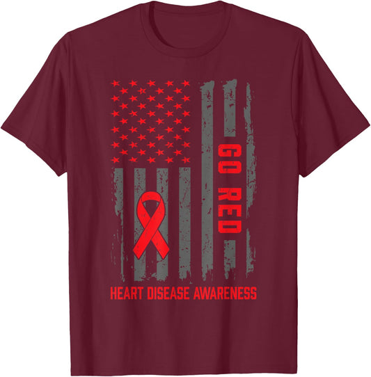 Heart Disease American Flag Go Red Heart Disease Awareness T-Shirt - T-Shirt | Maroon