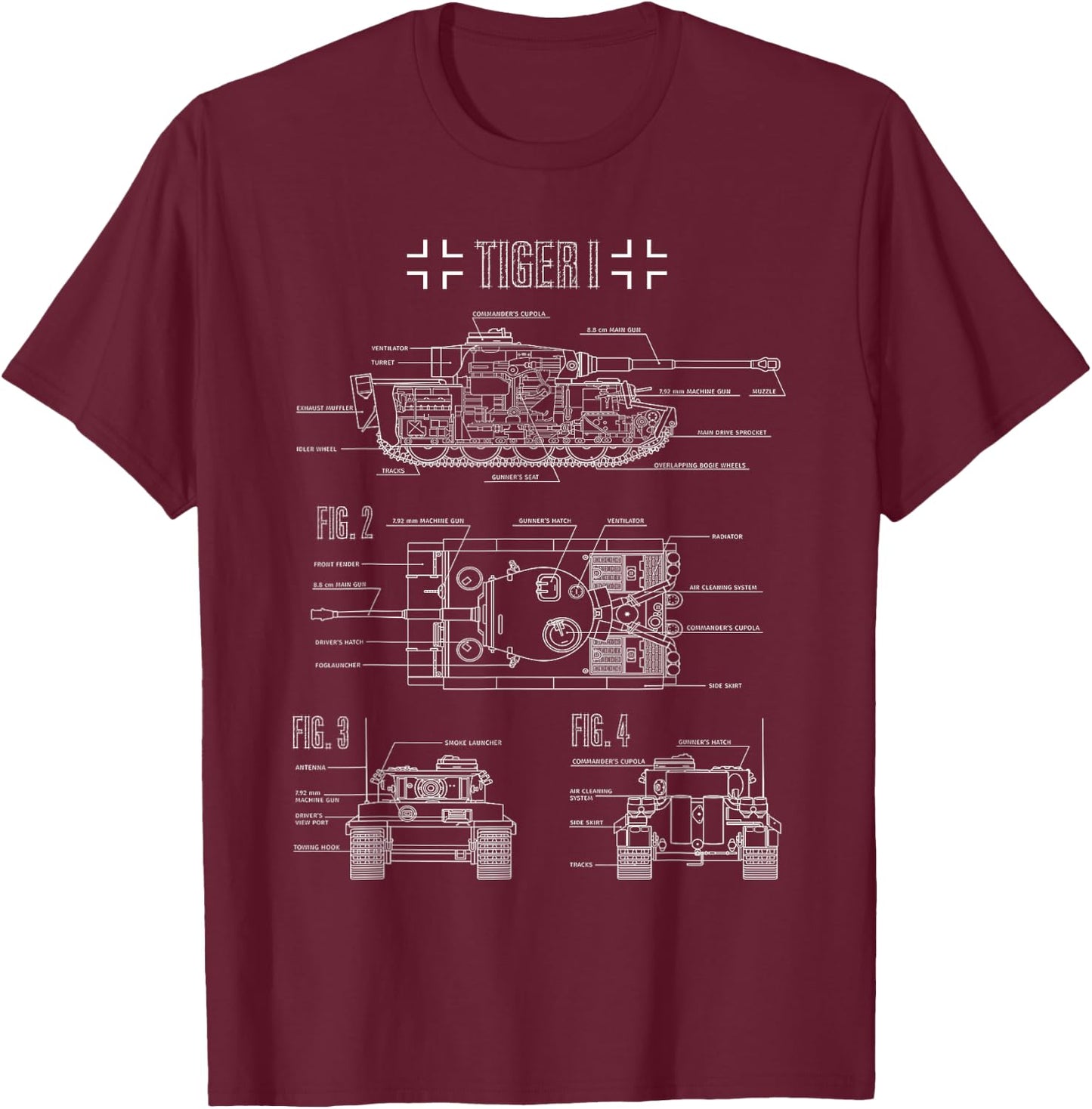 World War 2 German Tank Tiger I Engineering Blueprint T-Shirt - T-Shirt | Maroon
