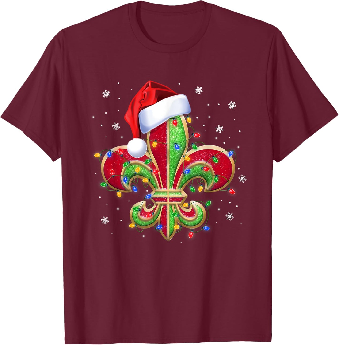 Fleur De Lis Christmas Ornament with Santa Hat Xmas Lights T-Shirt - T-Shirt | Maroon