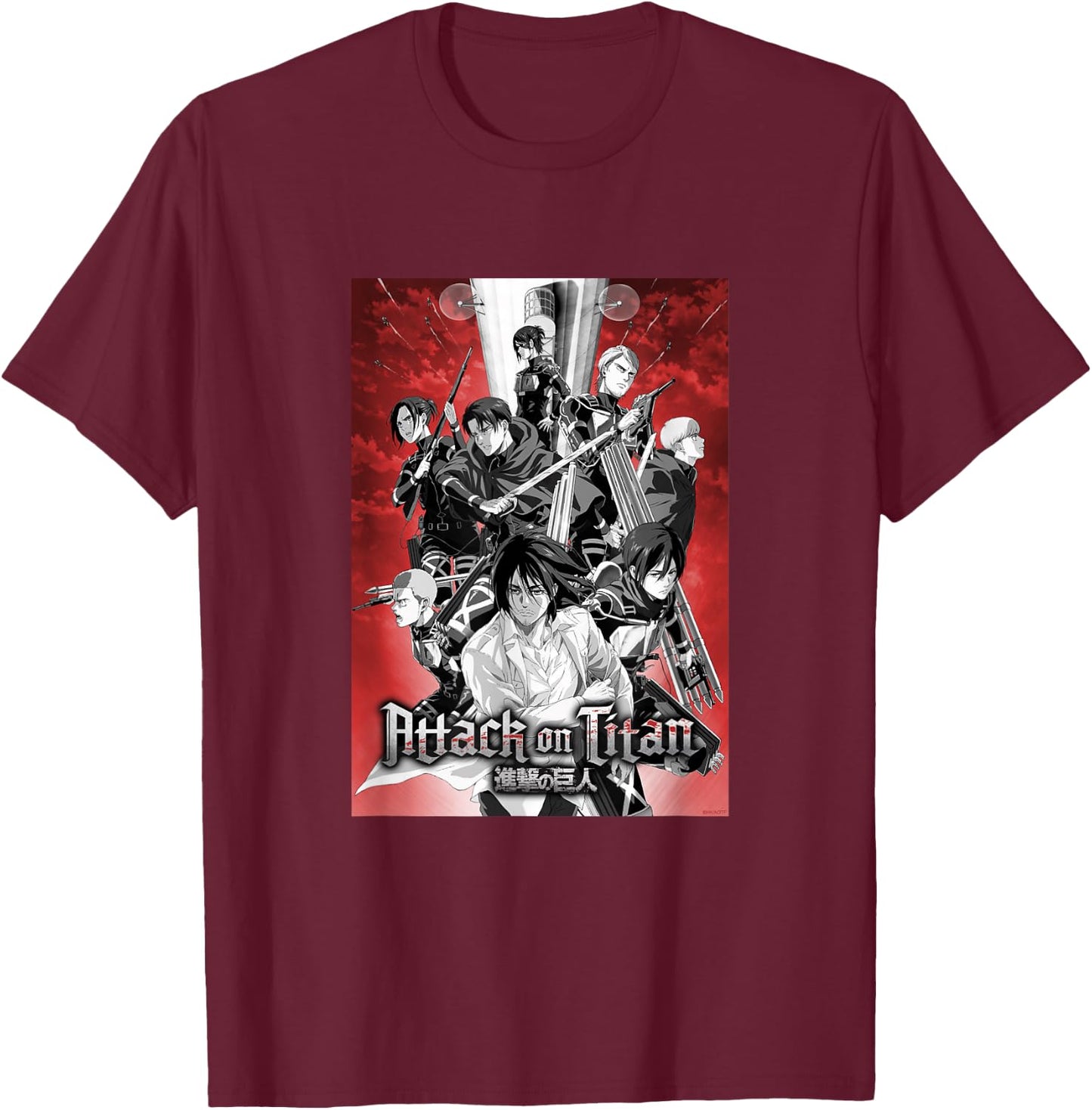 Attack on Titan Season 4 Red Sky Group Poster AOT Anime T-Shirt - T-Shirt | Maroon