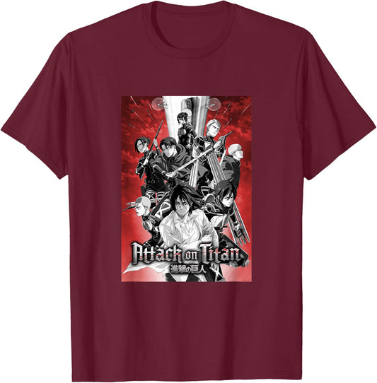 Attack on Titan Season 4 Red Sky Group Poster AOT Anime T-Shirt - T-Shirt | Maroon