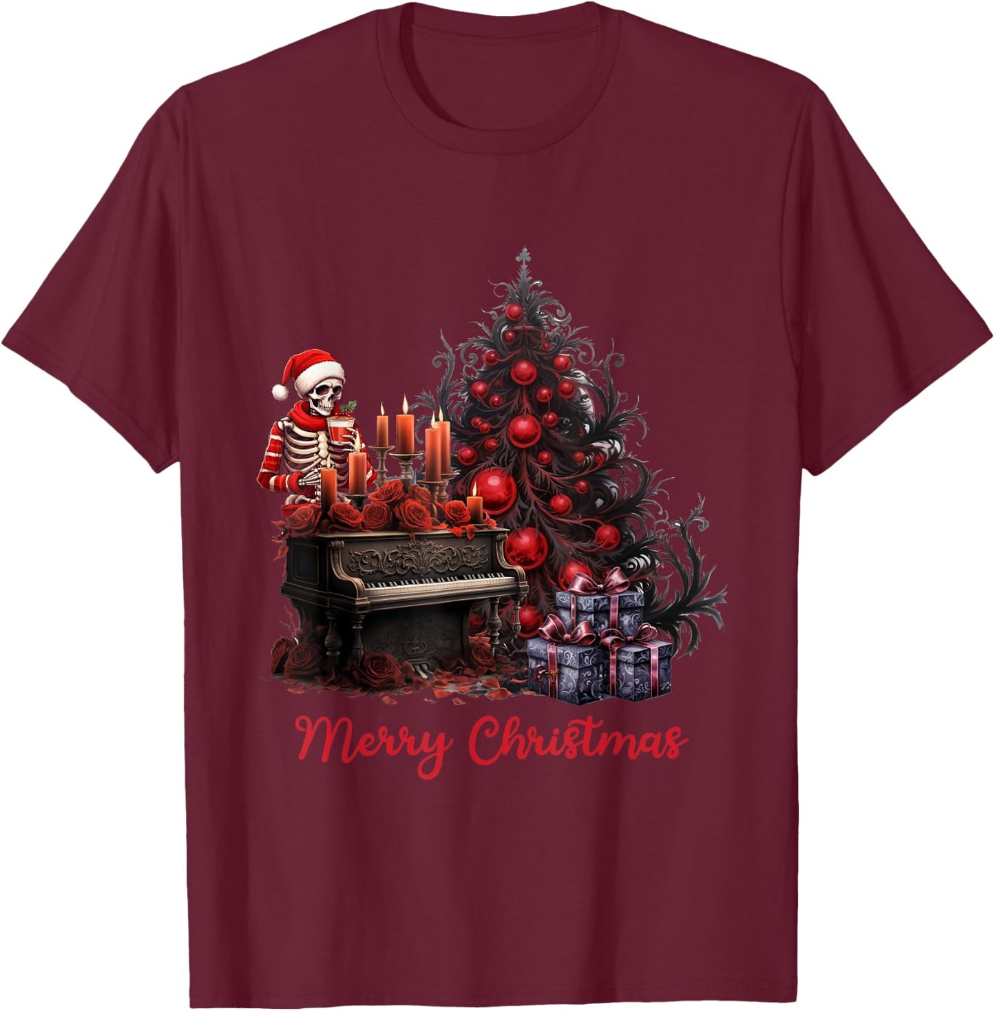 Red Black Gothic Skeleton Christmas T-Shirt - T-Shirt | Maroon