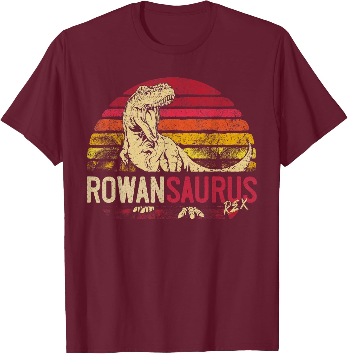 Rowan Saurus Funny Personalized Dinosaur T Rex Name Boy Gift T-Shirt - T-Shirt | Maroon