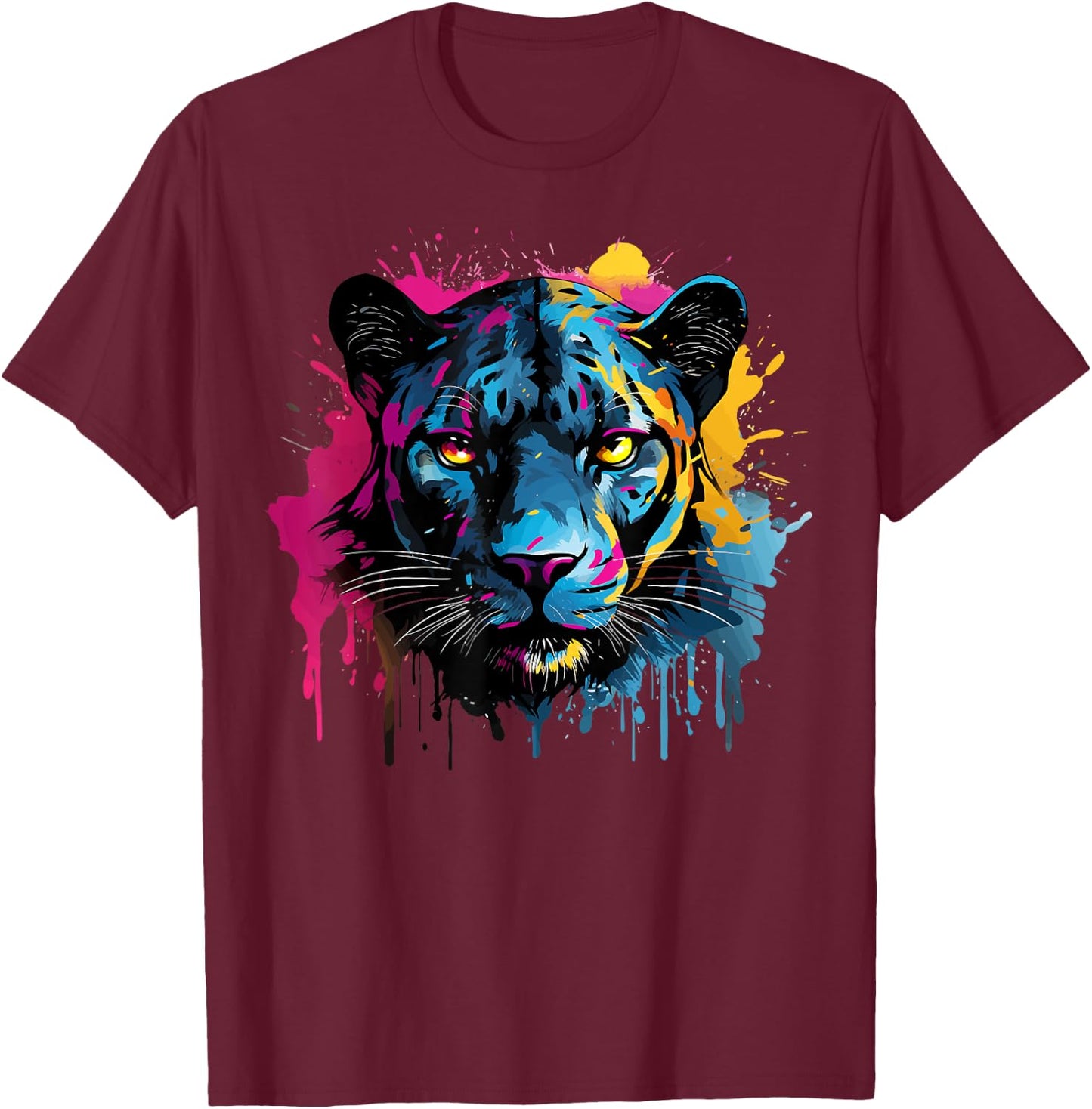 Black Jaguar Wildlife Big Cat Lover Colorful Splash Art T-Shirt - T-Shirt | Maroon