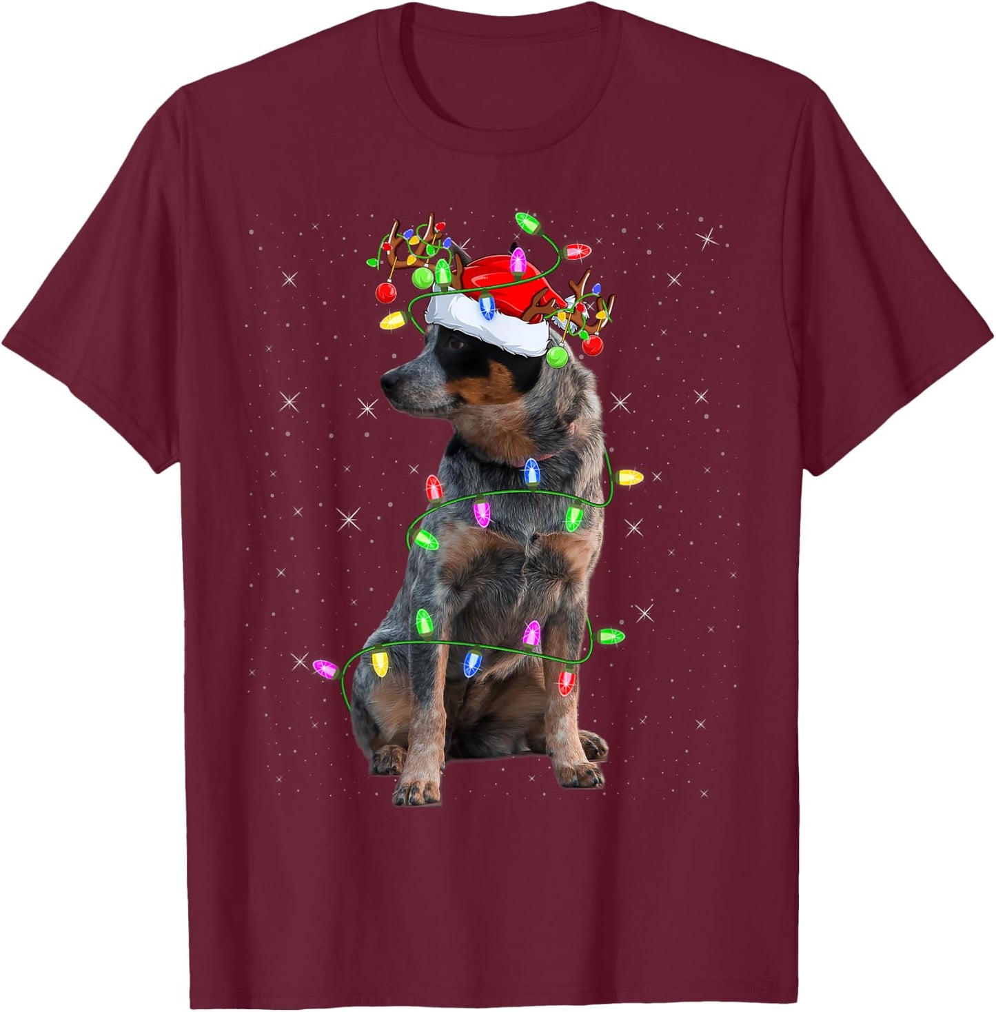 Xmas Holiday Lighting Santa Blue Heeler Dog Christmas Men Women Kids T-Shirt - T-Shirt | Maroon