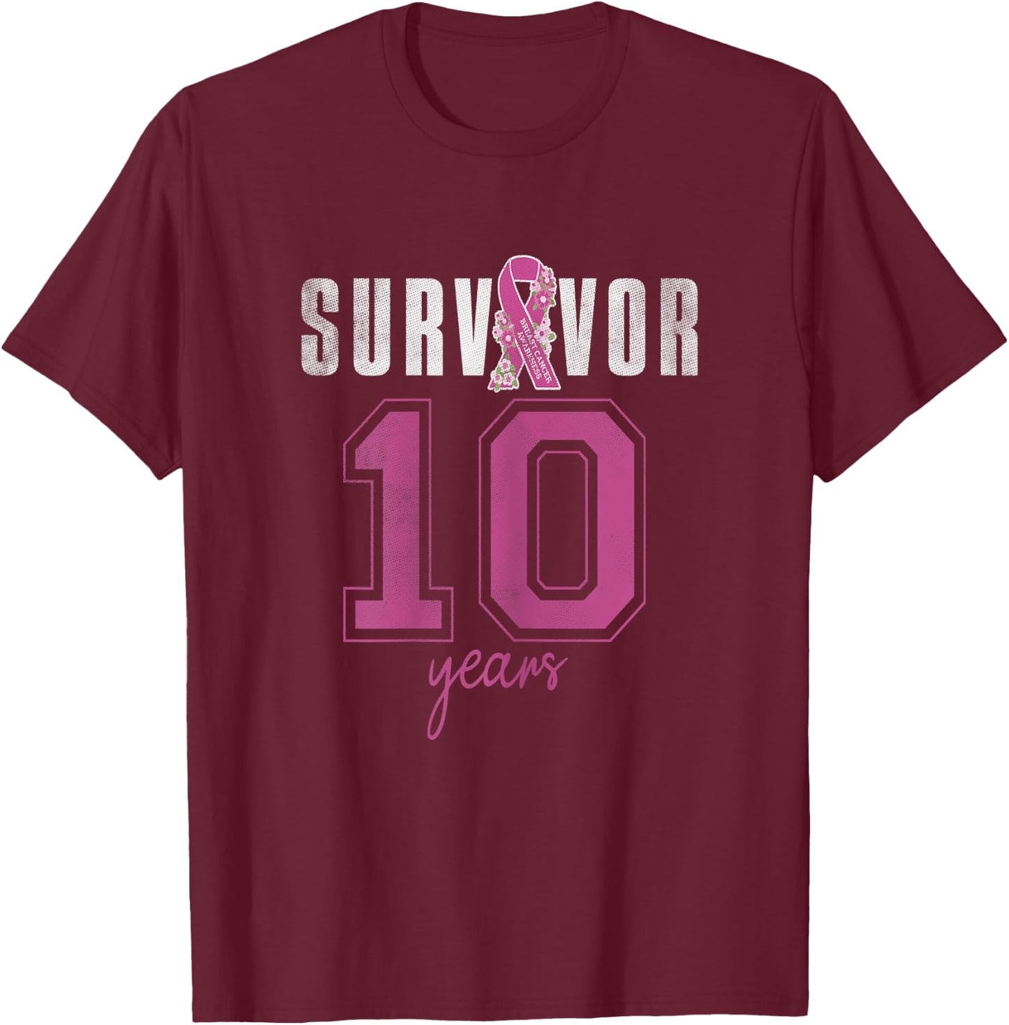 Survivor 10 Years October Ribbon Breast Cancer Awareness T-Shirt - T-Shirt | Maroon
