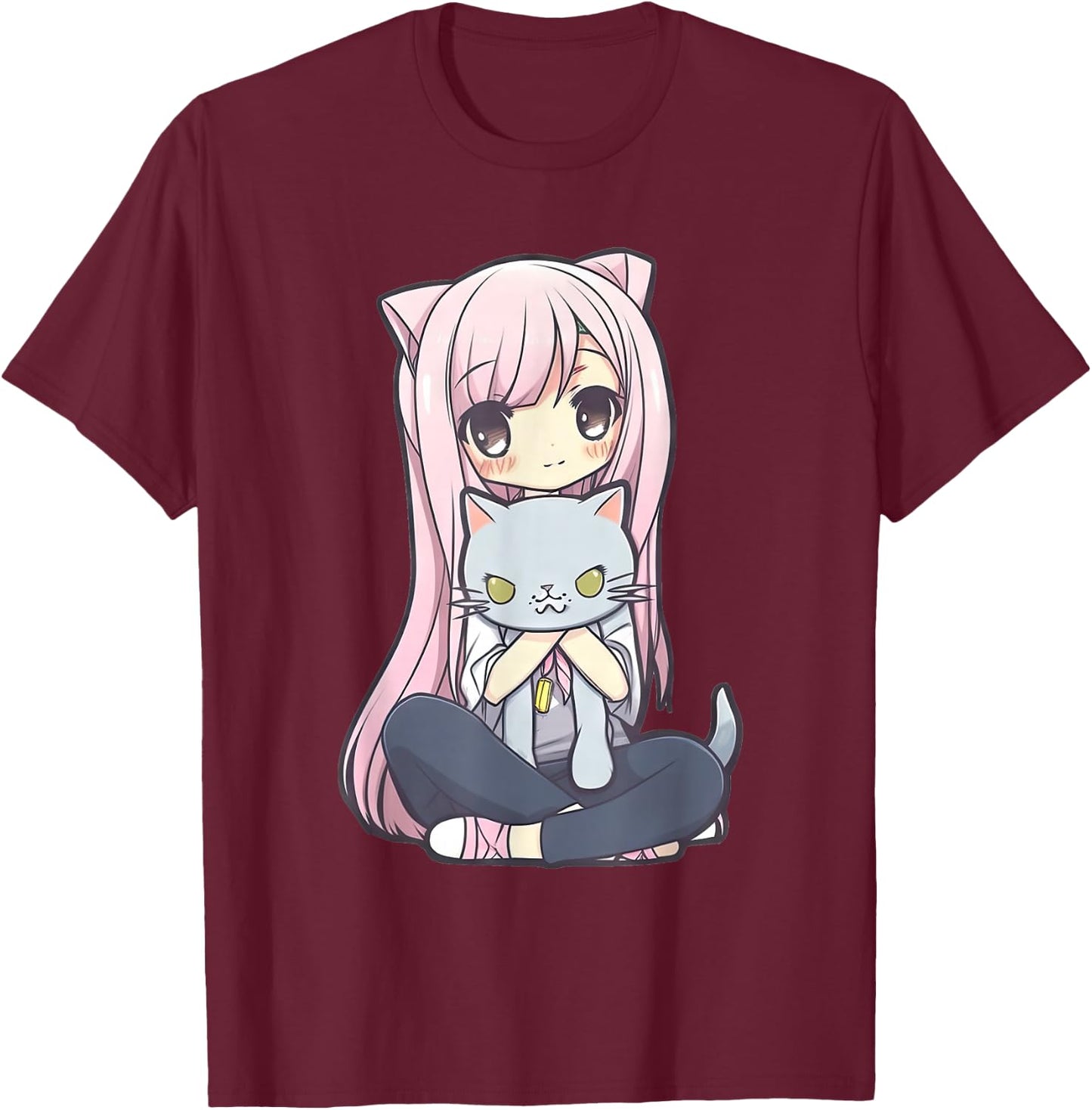 Anime and Cats Kawaii Cute Teen Otaku Girl with Cat T-Shirt - T-Shirt | Maroon