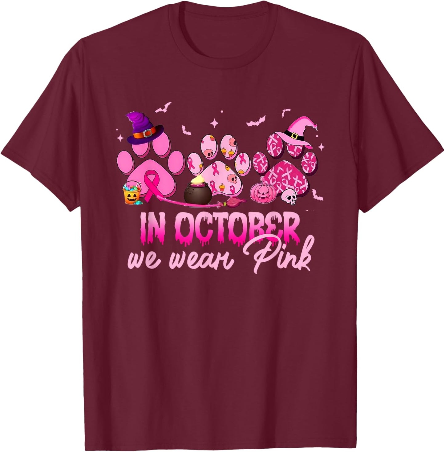 In October We Wear Pink Dog Cat Paw Breast Cancer Awareness T-Shirt - T-Shirt | Maroon
