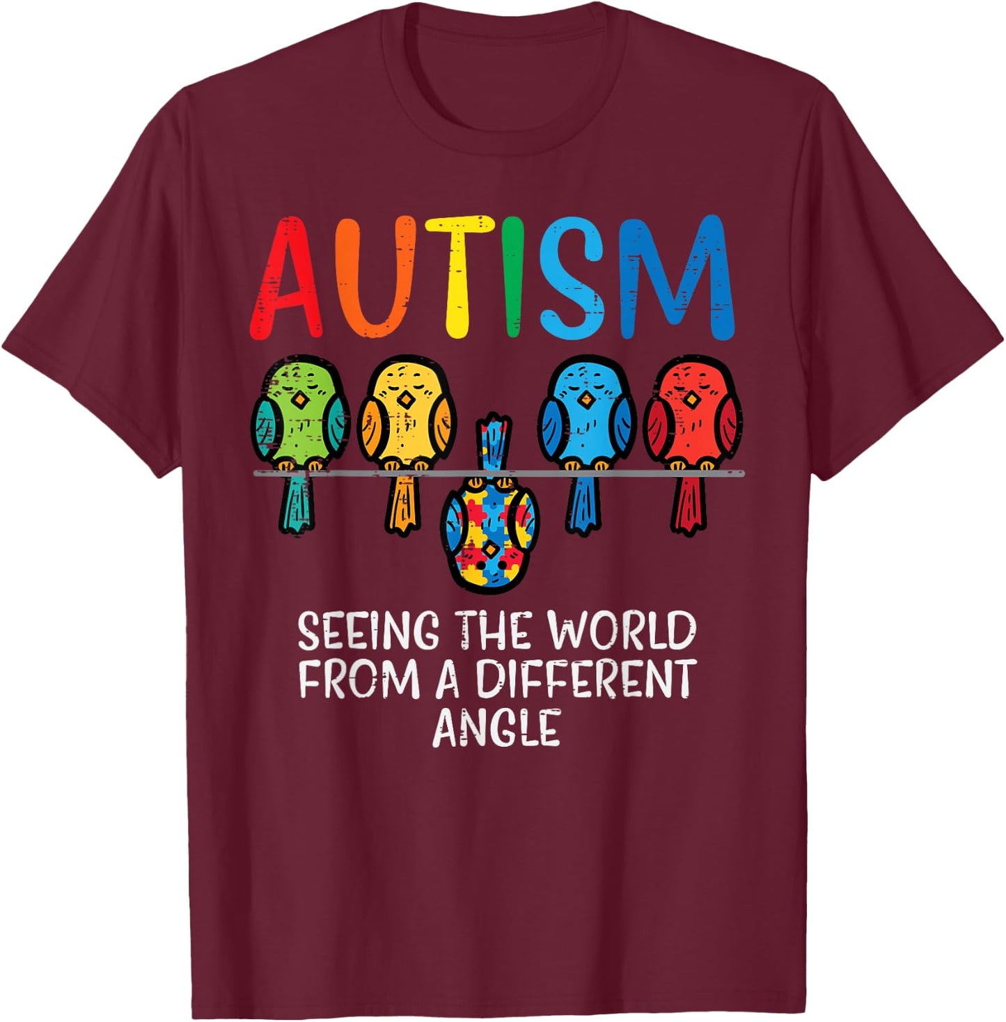 Seeing World From Different Angle Autism Awareness Owl Kids T-Shirt - T-Shirt | Maroon