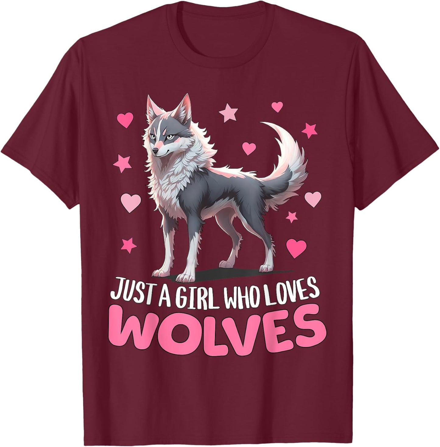 Just A Girl Who Loves Wolves - Cute Grey & Pink Cyber Wolf T-Shirt - T-Shirt | Maroon