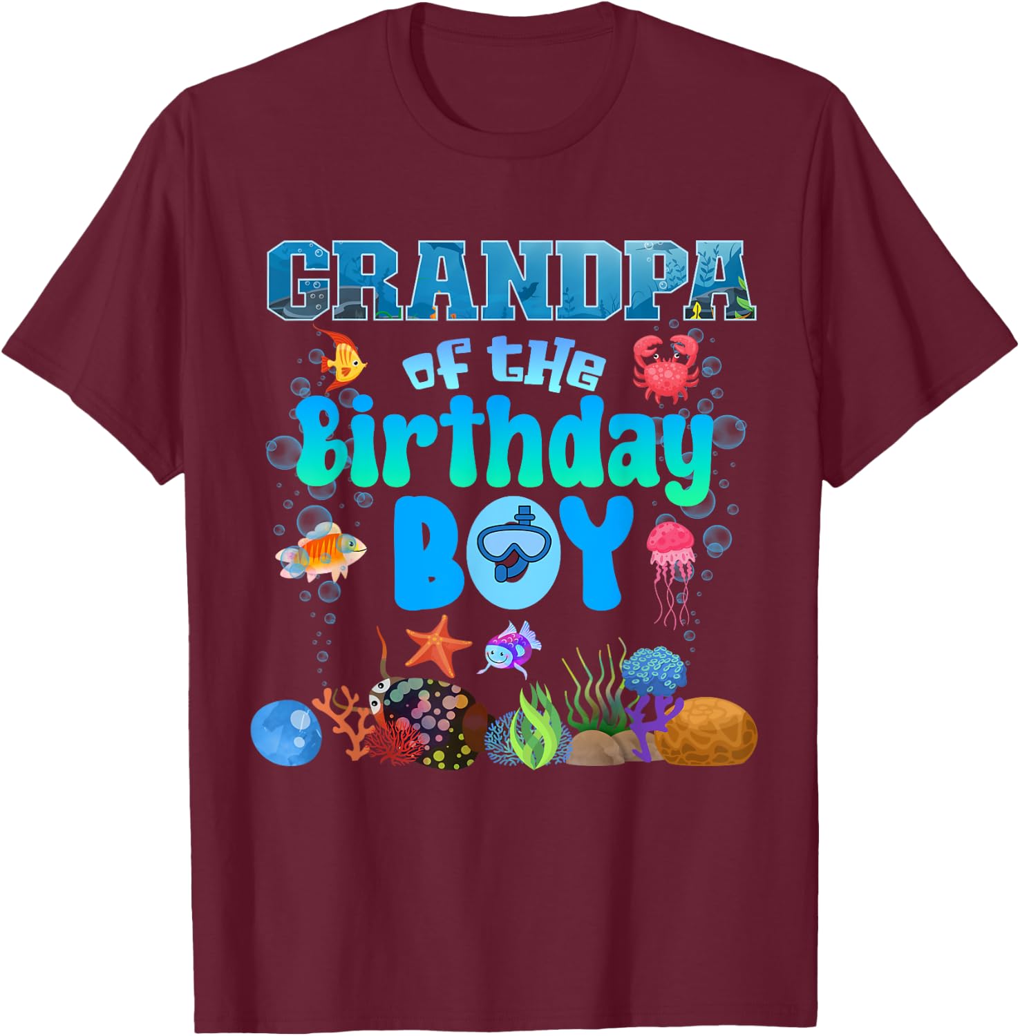 Grandpa Of The Birthday Boy Aquarium Sea Animals Matching T-Shirt - T-Shirt | Maroon