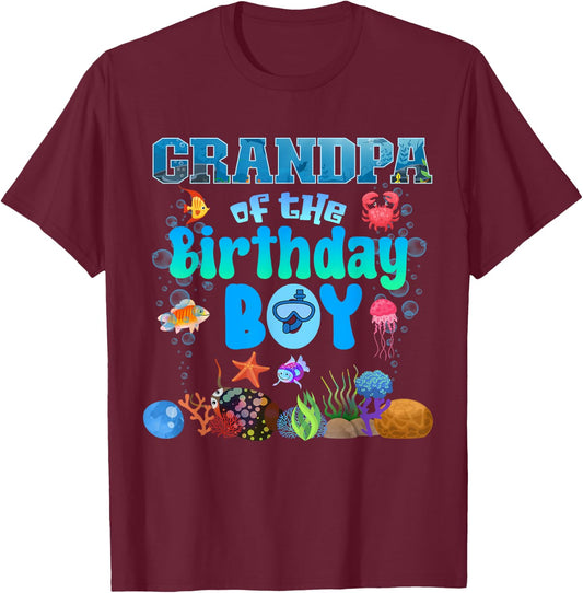 Grandpa Of The Birthday Boy Aquarium Sea Animals Matching T-Shirt - T-Shirt | Maroon