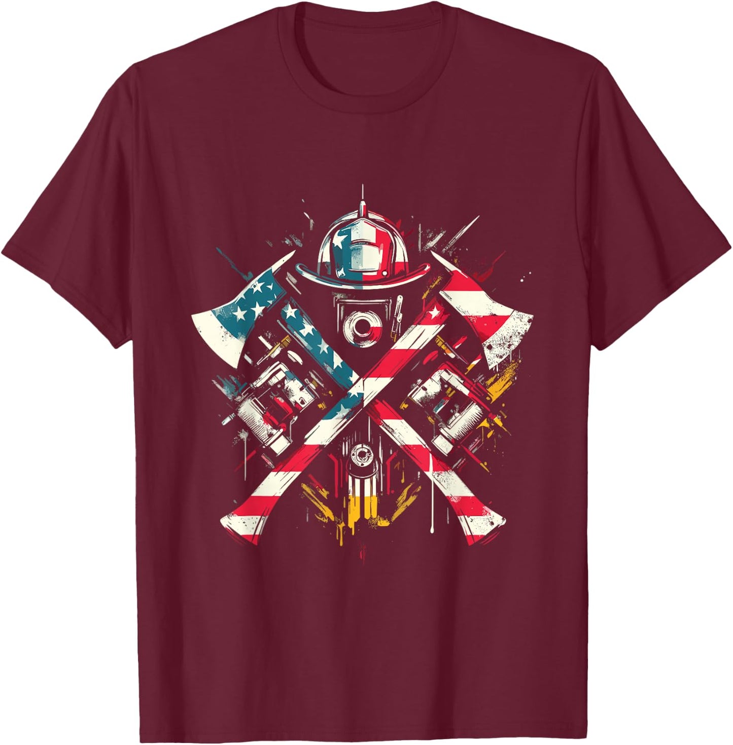 Firefighter American Flag - Patriotic Fire Department USA T-Shirt - T-Shirt | Maroon